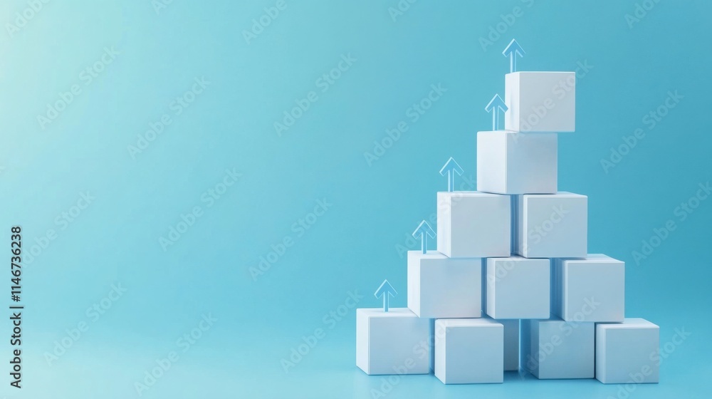 Growth symbolized by stacked cubes with blue arrows on a pastel blue backdrop Growth symbolized by stacked cubes with blue arrows on a pastel blue backdrop