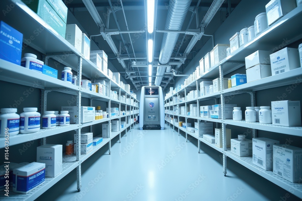 Organized Pharmacy Storage Room with Shelves Full of Pharmaceutical Boxes and Bottles, Showcasing a Modern Medication Distribution System in a Sterile Environment Organized Pharmacy Storage Room with Shelves Full of Pharmaceutical Boxes and Bottles, Showcasing a Modern Medication Distribution System in a Sterile Environment
