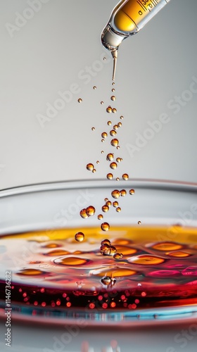 Close-Up View of Dripping Pipette and Colorful Liquid in Laboratory Dish Showcasing Scientific Experimentation and Fluid Dynamics with Droplets photo