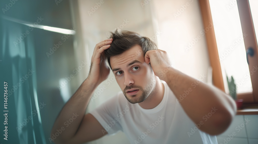 a man examining his thinning hair in a mirror, natural light highlighting the scalp. a man examining his thinning hair in a mirror, natural light highlighting the scalp.
