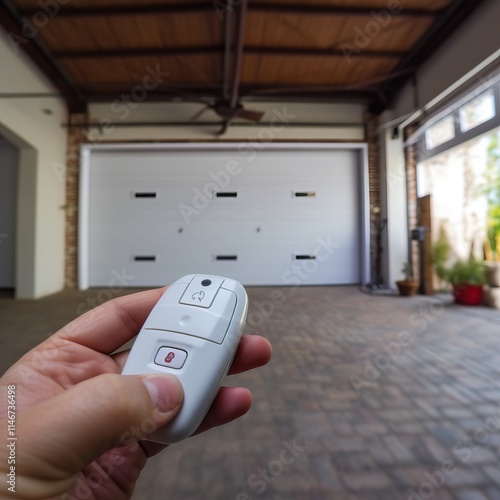 Garage door PVC. Man use remote controller for closing and opening