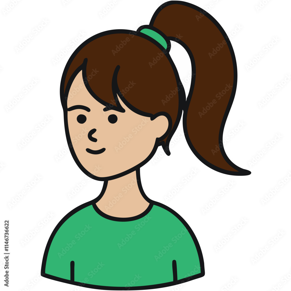 Obraz premium Vector Illustration of Smiling Woman with Brown Hair in Ponytail Wearing Green Shirt