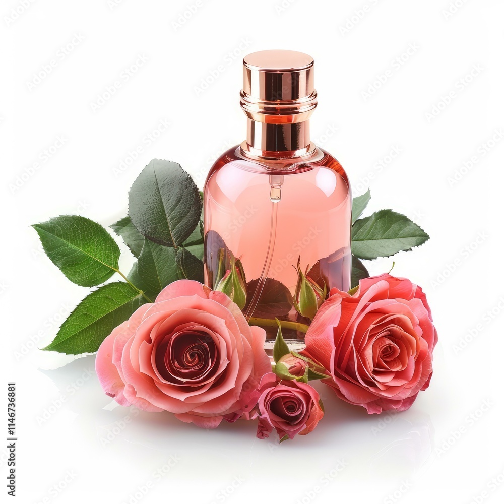 Elegant perfume bottle with pink roses, embodying fragrance and beauty Elegant perfume bottle with pink roses, embodying fragrance and beauty