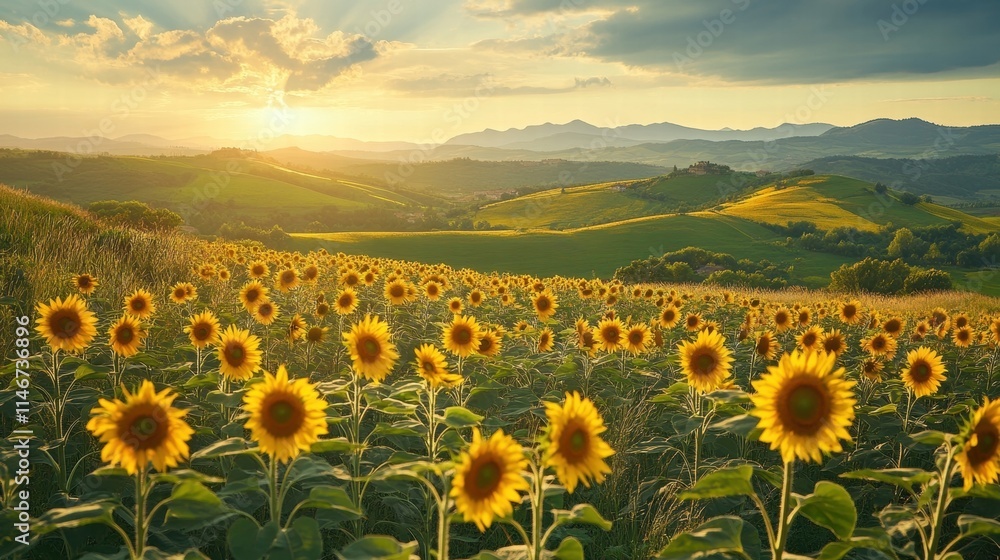 Obraz premium sunflowers at sunset in tuscany italy