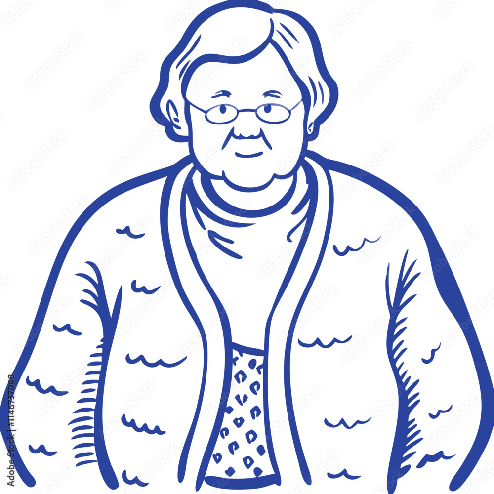Fototapeta premium Elderly Woman in Glasses Wearing Cozy Sweater Vector Illustration