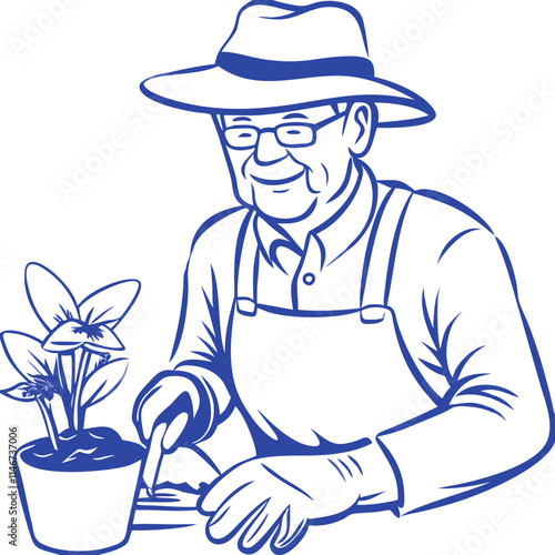  Elderly Gardener with Hat and Gloves Tending to Potted Plant Vector Illustration