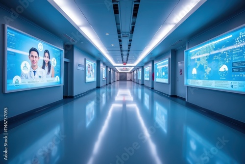 Modern Healthcare Facility: Bright, High-Tech Hallway with Digital Displays and Interactive Screens Showcasing Medical Information and Patient Engagement