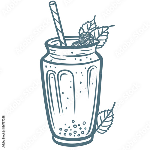  Hand Drawn Milkshake with Strawberries and Mint Leaves Vector Illustration