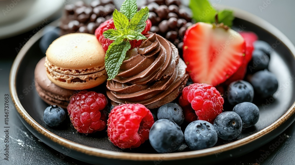 Indulgent Dessert Platter Featuring Chocolate Cream, Fresh Berries, and Macarons in a Stylish Arrangement for a Sweet Treat Experience Indulgent Dessert Platter Featuring Chocolate Cream, Fresh Berries, and Macarons in a Stylish Arrangement for a Sweet Treat Experience
