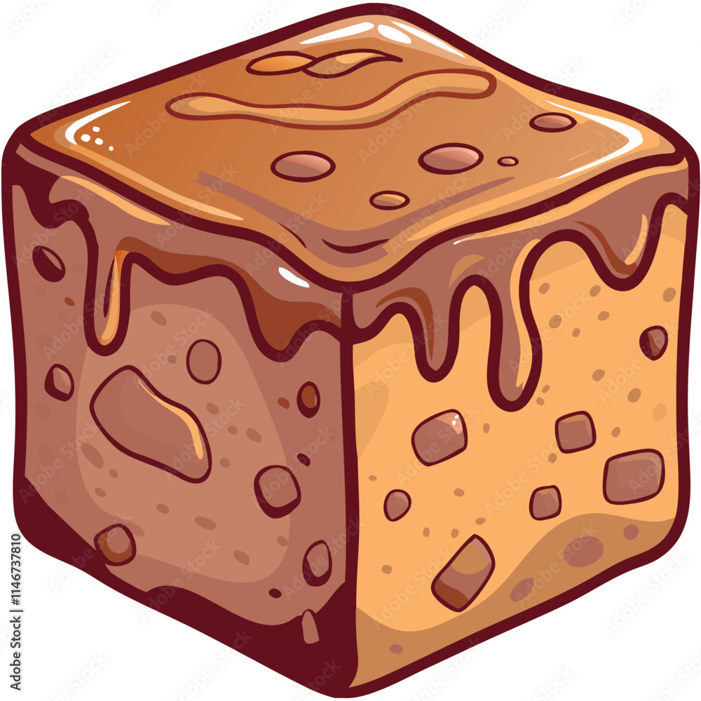 Fototapeta premium Delicious Caramel Drizzled Chocolate Fudge Dessert Cube Vector Illustration