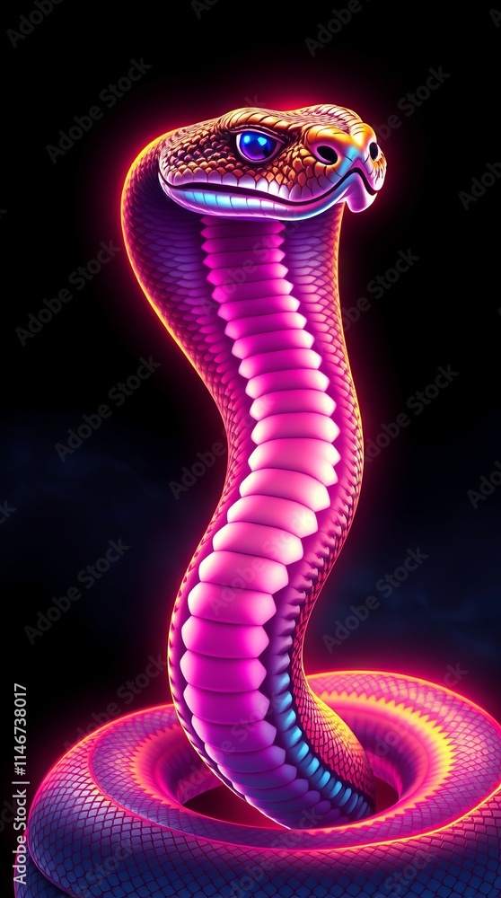 Fototapeta premium Neon Cobra: Vibrant reptile in dark setting