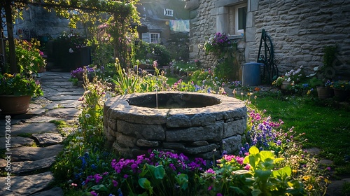 Stone well surrounded by colorful flowers in a cottage garden at sunrise.