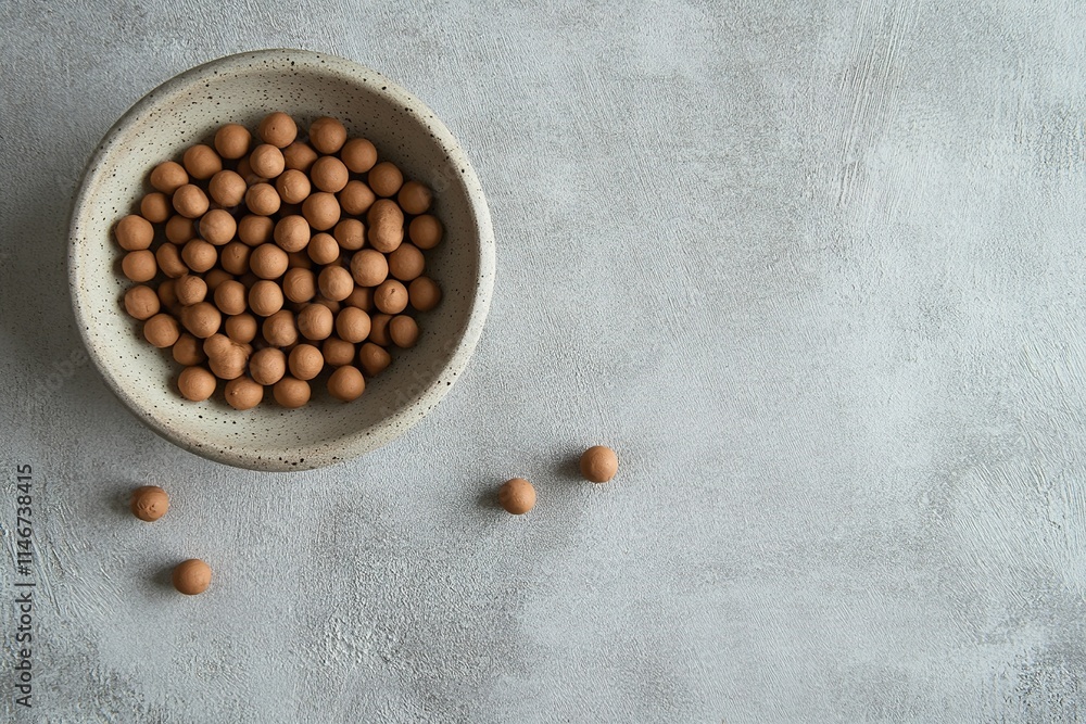 set of handmade clay beads scattered on smooth gray ceramic surface set of handmade clay beads scattered on smooth gray ceramic surface