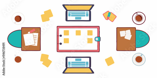 Illustrations icons associated with business scene, workplace, meetings, collaboration