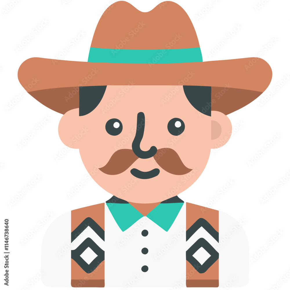 Cowboy Character Illustration with Hat and Mustache in Vector Art Style Cowboy Character Illustration with Hat and Mustache in Vector Art Style