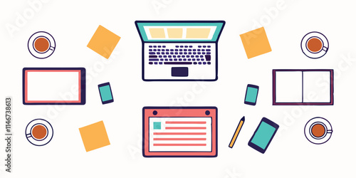 Icons illustrations of items associated with workspace elements, laptops, computers, tablets