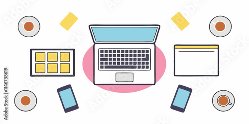 Icons illustrations of items associated with workspace elements, laptops, computers, tablets