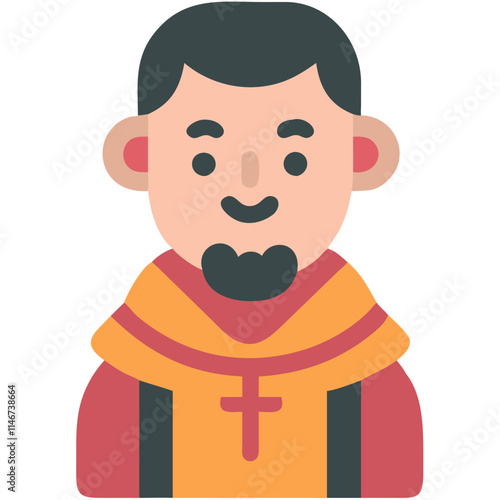  Cartoon Priest Character with Black Hair and Orange Robe Vector Illustration