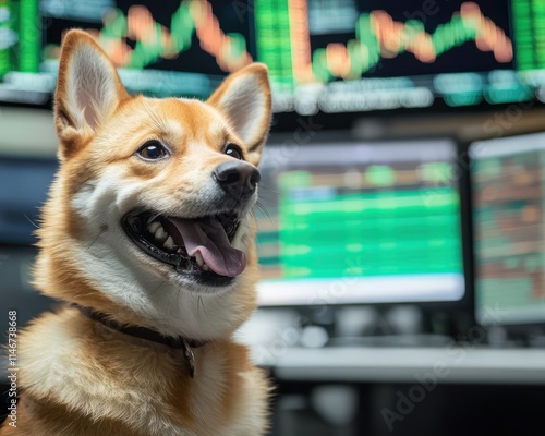 Shiba Inu smiling with excitement in a financial trading room setup photo