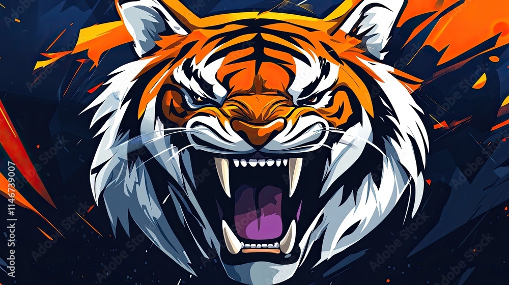 Fototapeta Roaring tiger head, sharp teeth, orange, dark background.