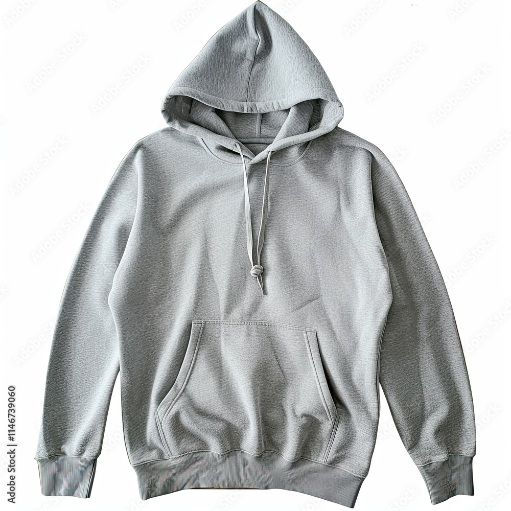 A gray hoodie with a front pocket and drawstring hood, suitable for casual wear. isolated on white background