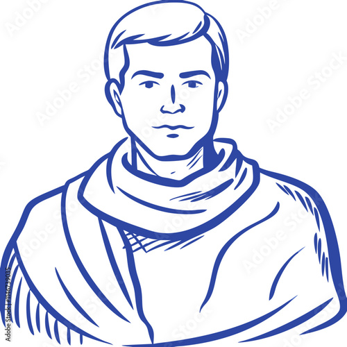  Blue Outline Vector Portrait of Man in Cozy Scarf with Modern Style