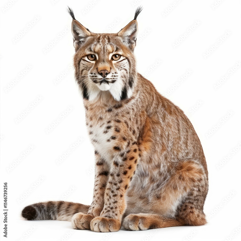 Studio shot of a sitting eurasian lynx staring intensely, isolated on a white background Studio shot of a sitting eurasian lynx staring intensely, isolated on a white background