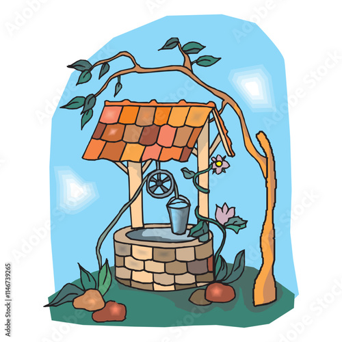 Countryside isometric composition with isolated image of water well on blank background vector