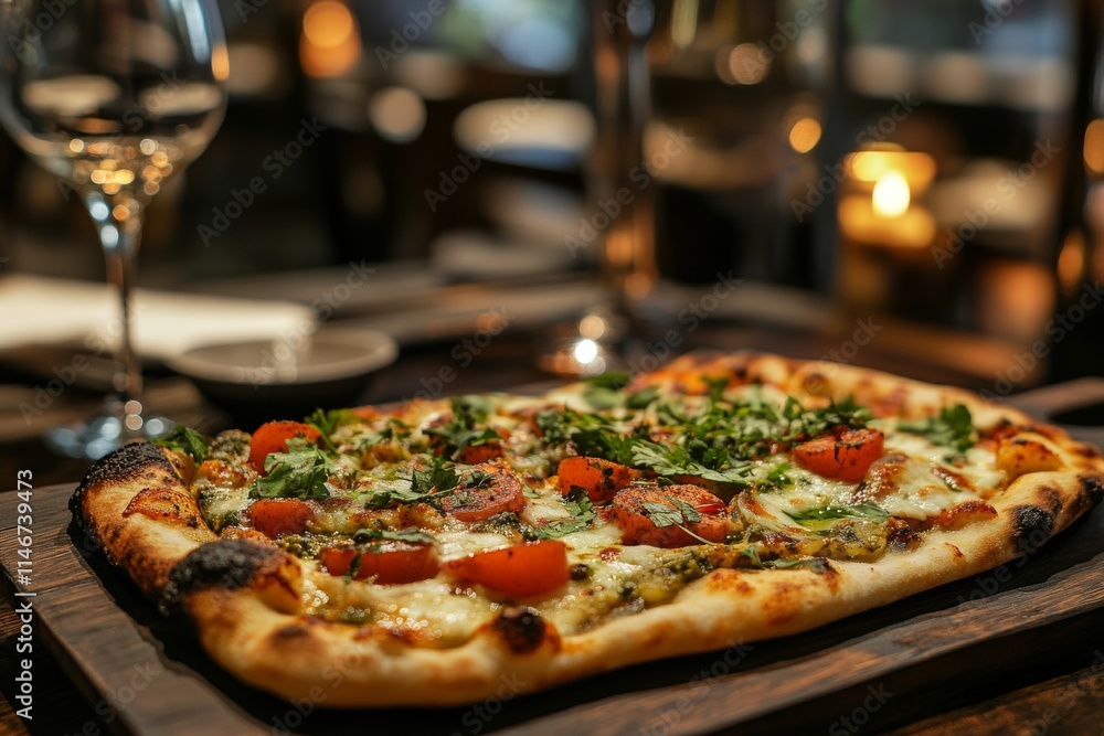 A delicious flatbread pizza topped with tomatoes and herbs, served in a cozy dining setting. A delicious flatbread pizza topped with tomatoes and herbs, served in a cozy dining setting.