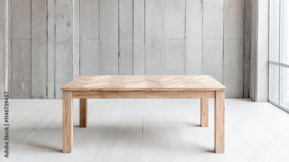 Light wood rectangular dining table with herringbone top in modern room.