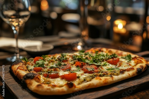 Wallpaper Mural A delicious flatbread pizza topped with tomatoes and herbs, served in a cozy dining setting. Torontodigital.ca