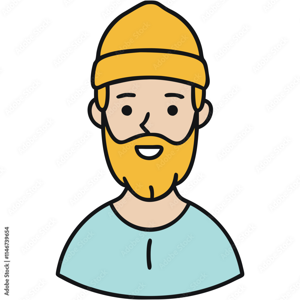 Smiling Bearded Man in Yellow Beanie Cartoon Avatar Illustration Smiling Bearded Man in Yellow Beanie Cartoon Avatar Illustration