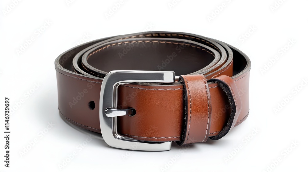 A stylish brown leather belt with a silver buckle, elegantly coiled, perfect for complementing both casual and formal outfits. A stylish brown leather belt with a silver buckle, elegantly coiled, perfect for complementing both casual and formal outfits.