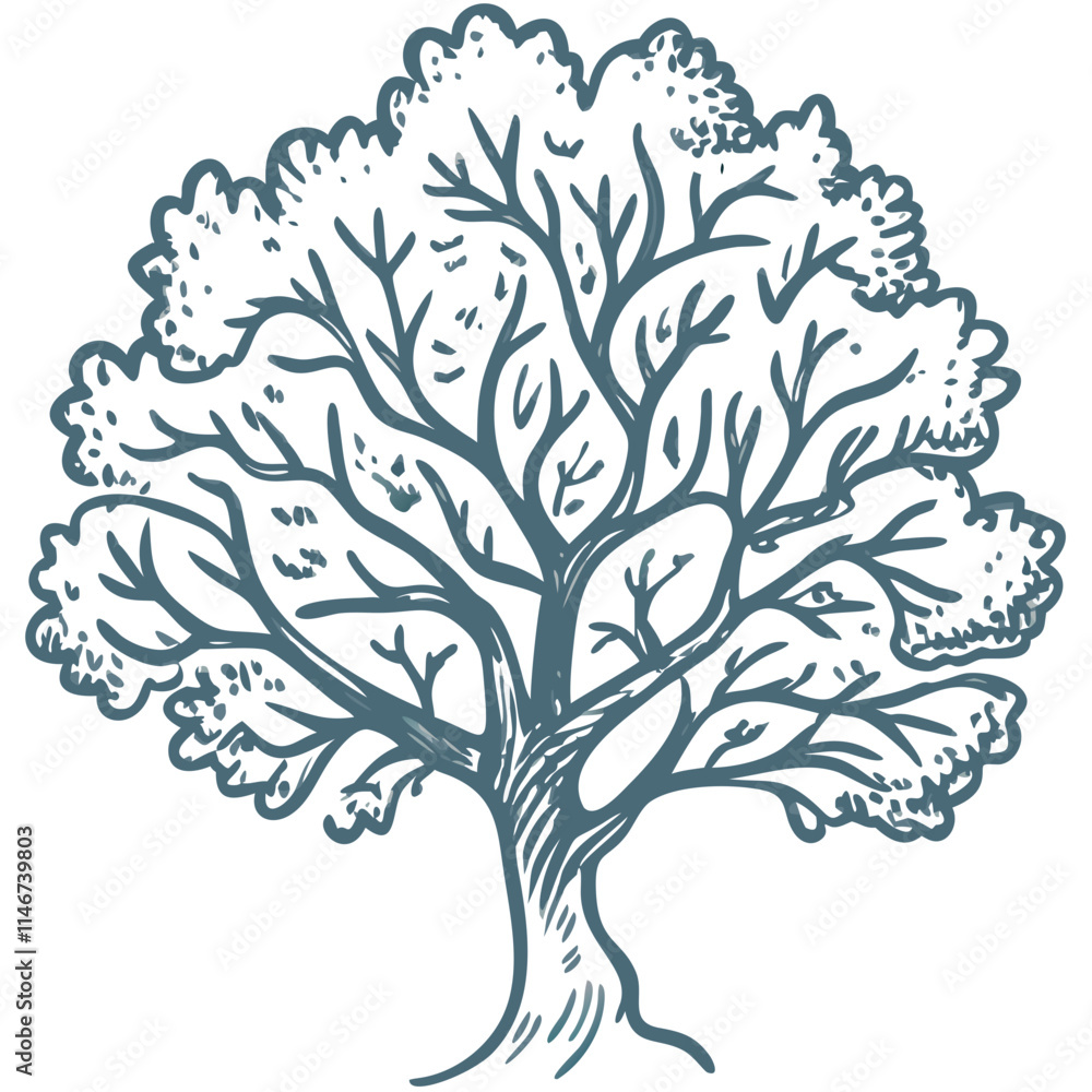Fototapeta premium Hand Drawn Vector Tree with Detailed Branches and Leaves Illustration