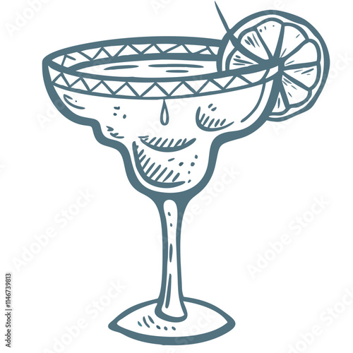  Elegant Margarita Cocktail Illustration with Lemon Slice in Vintage Style