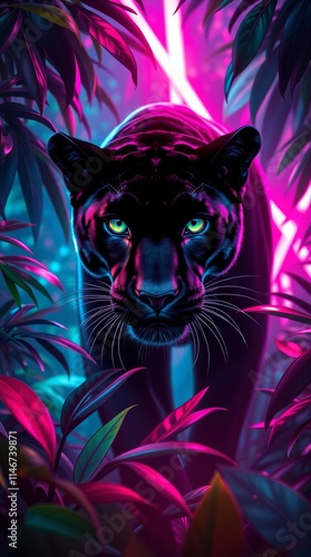 Black panther in neon jungle