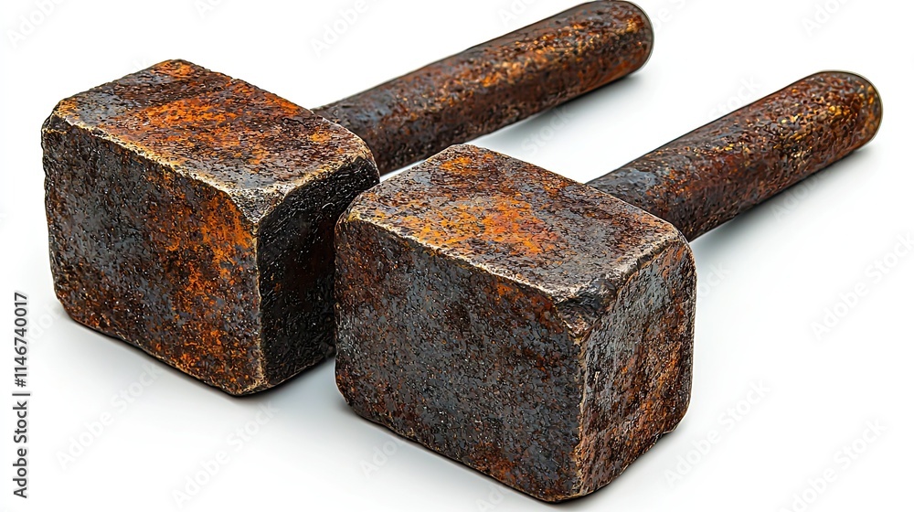Two rusty hammers resting side by side, showcasing wear and age. Two rusty hammers resting side by side, showcasing wear and age.