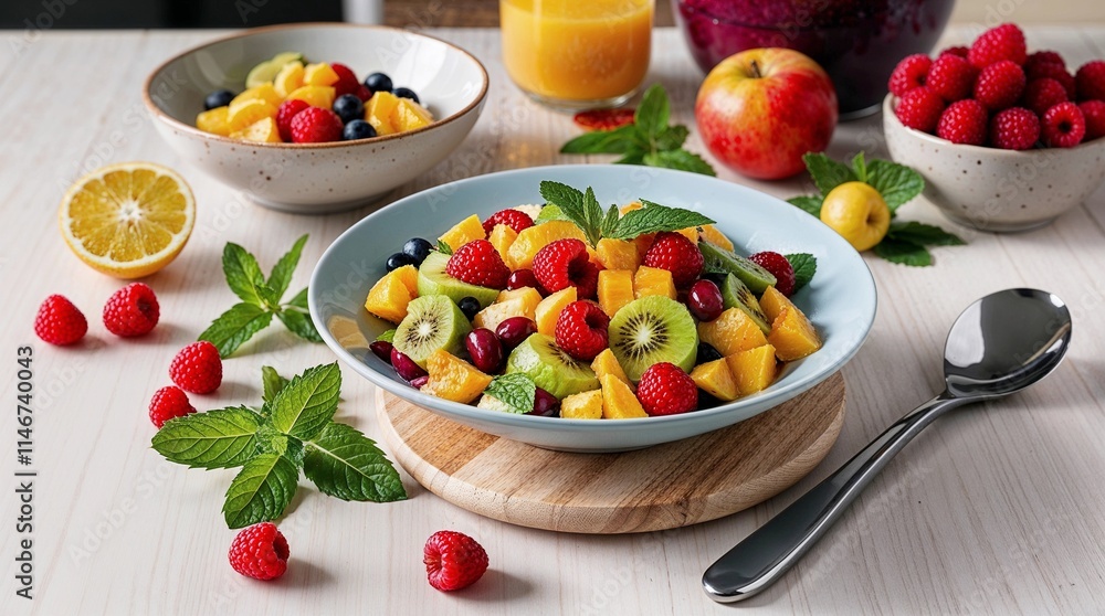 Vibrant and colorful fruit salad presented in a clear bowl, featuring a medley of freshly sliced fruits such as ananas, kiwi, orange, pineapple, cherries and berries Vibrant and colorful fruit salad presented in a clear bowl, featuring a medley of freshly sliced fruits such as ananas, kiwi, orange, pineapple, cherries and berries