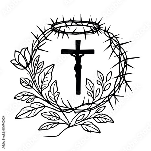 Image of Jesus on cross in thorn crown isolated on white background