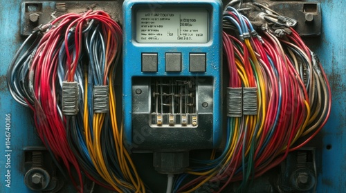 Vintage Electrical Meter with Colorful Wires Displaying Various Electrical Connections and Readings in an Industrial Setting