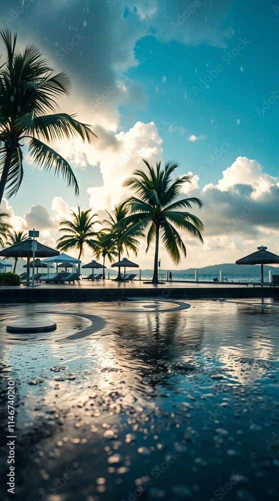 Obraz premium Tropical paradise resort under a light rain