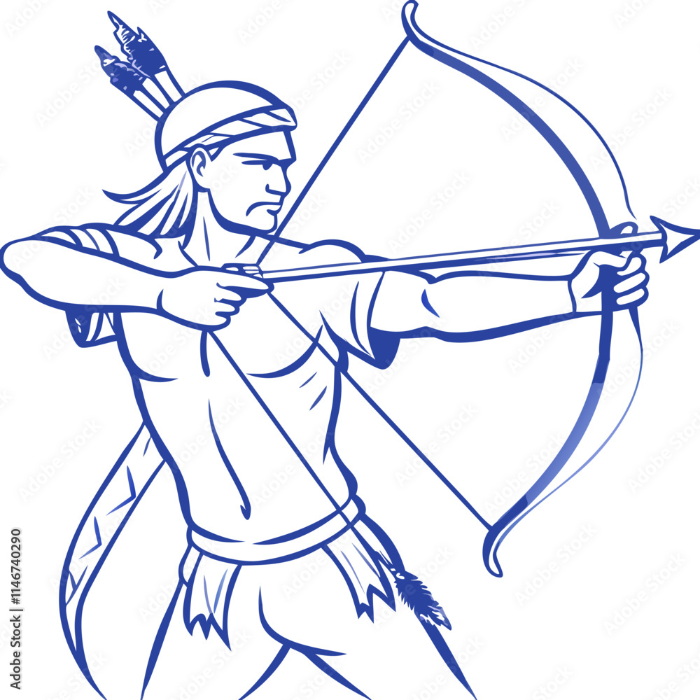 Fototapeta premium Native American Archer Drawing Vector Illustration with Bow and Arrow