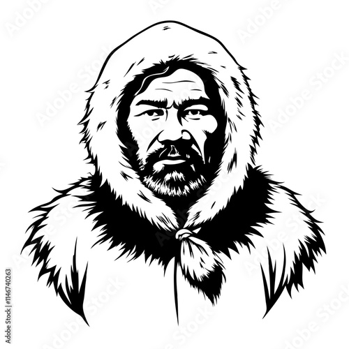  Inuit Man in Fur Hood Traditional Arctic Winter Clothing Vector Illustration