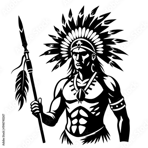  Native American Warrior with Traditional Headdress and Spear Vector Illustration