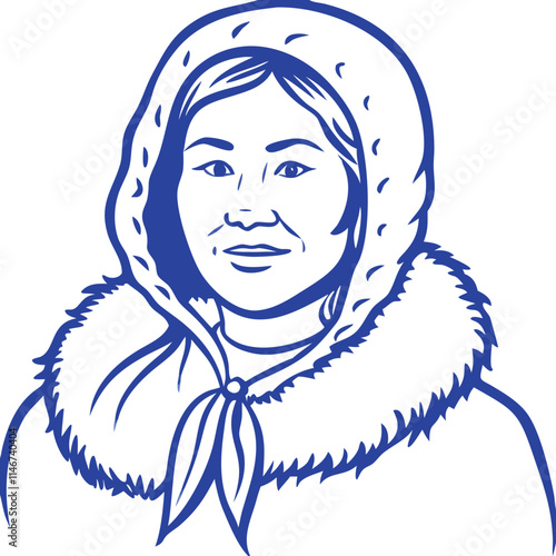  Traditional Inuit Woman Portrait in Fur Hood Vector Illustration
