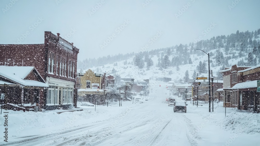 Naklejka premium Snowy Town Scene in Winter with Abandoned Street and Beautiful Snow-Covered Mountains in the Background Creating a Peaceful Atmosphere