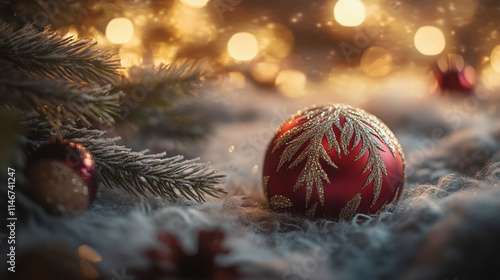 Macro Shot of Snow-Dusted Red and Gold Christmas Ornament