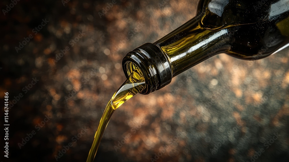 Close-up of Olive Oil Pouring from a Bottle Against a Rustic Background, Highlighting the Rich Color and Texture of the Liquid