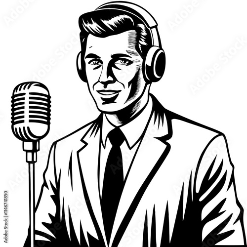  Retro Male Broadcaster Portrait with Microphone and Headphones Vector Illustration