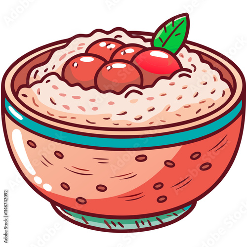  Vector Illustration of Delicious Oatmeal Bowl with Berries and Leaf Decoration